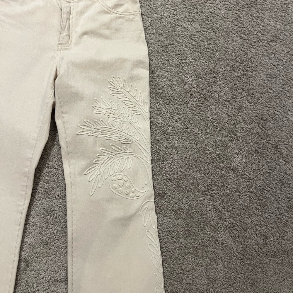 Johanna Ortiz Cream Embroidered Straight Leg Jeans